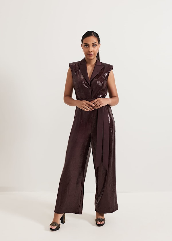 Petite Ivey Burgundy Sequin Jumpsuit