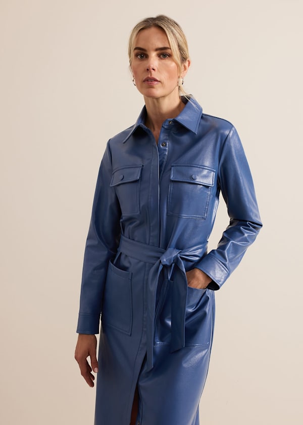 Dila Blue Faux Leather Midi Dress