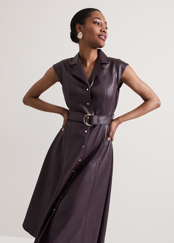 Ellie Burgundy Faux Leather Shirt Dress