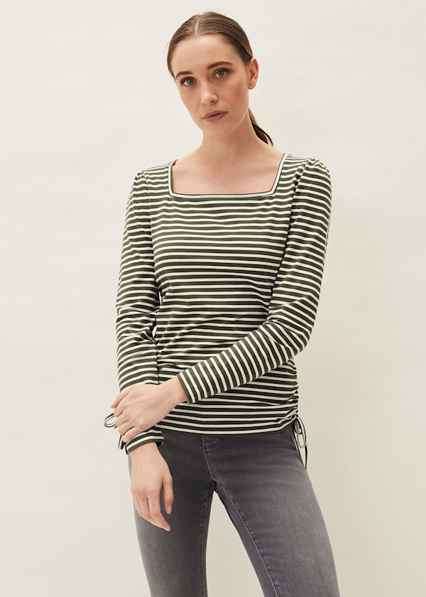 Nettie Stripe Square Neck Drawstring Hem Top