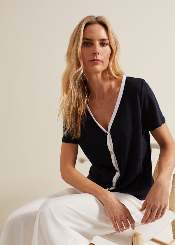 Dorothy Contrast Piping Linen Top