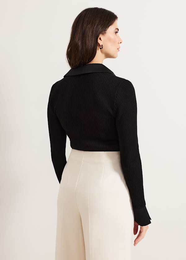 Lisa Black Ribbed Polo Neck Top