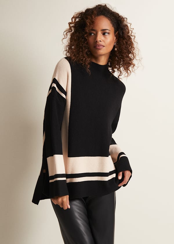 Black Metallic Striped Open Knit Polo Neck Jumper For Sale at