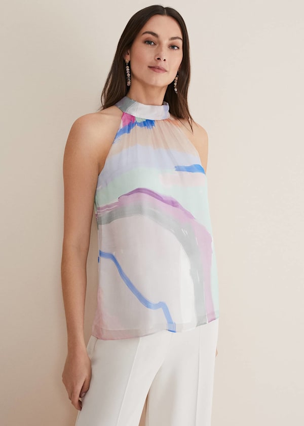 Kadie Silk Abstract Halter Neck Top