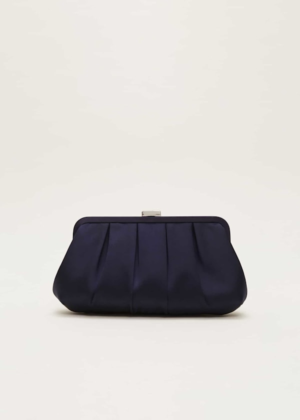 Navy Satin Pleated Clutch Bag