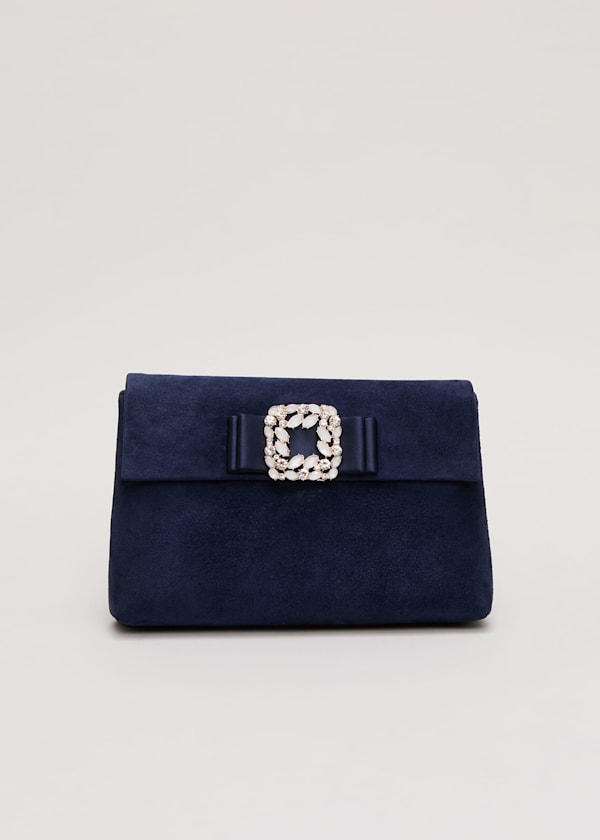 Suede Embellished Trim Clutch Bag