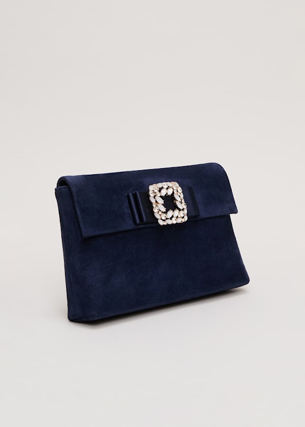 Suede Embellished Trim Clutch Bag