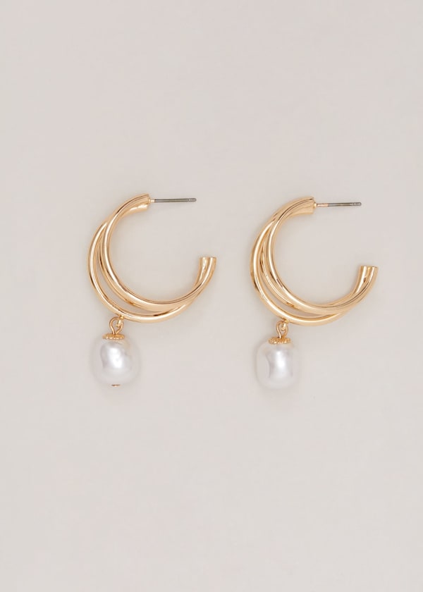 Gold Triple Hoop Pearl Drop Earrings