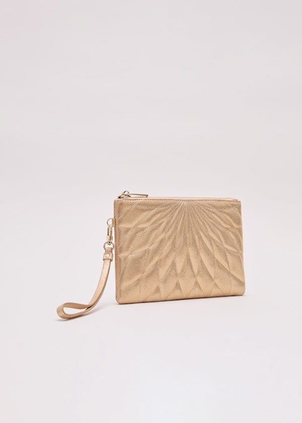 Gold Leather Crossover Stitch Clutch Bag