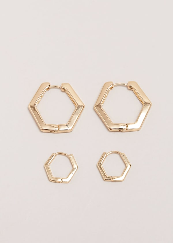 Gold Hexagon Hoop Earrings Set