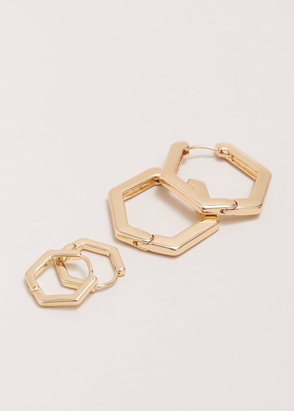 Gold Hexagon Hoop Earrings Set