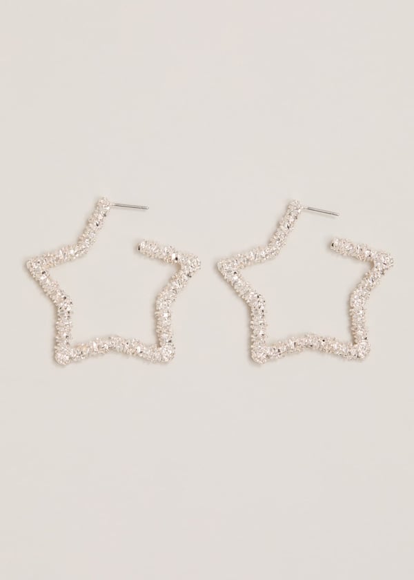Silver Textured Large Star Hoop Earrings