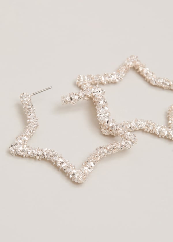 Silver Textured Large Star Hoop Earrings