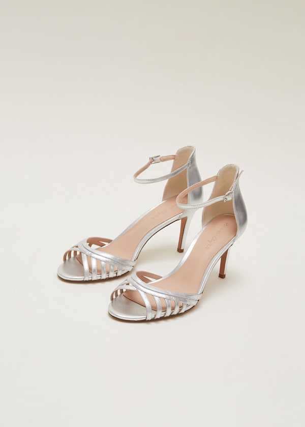 Silver Leather Open Toe Heels