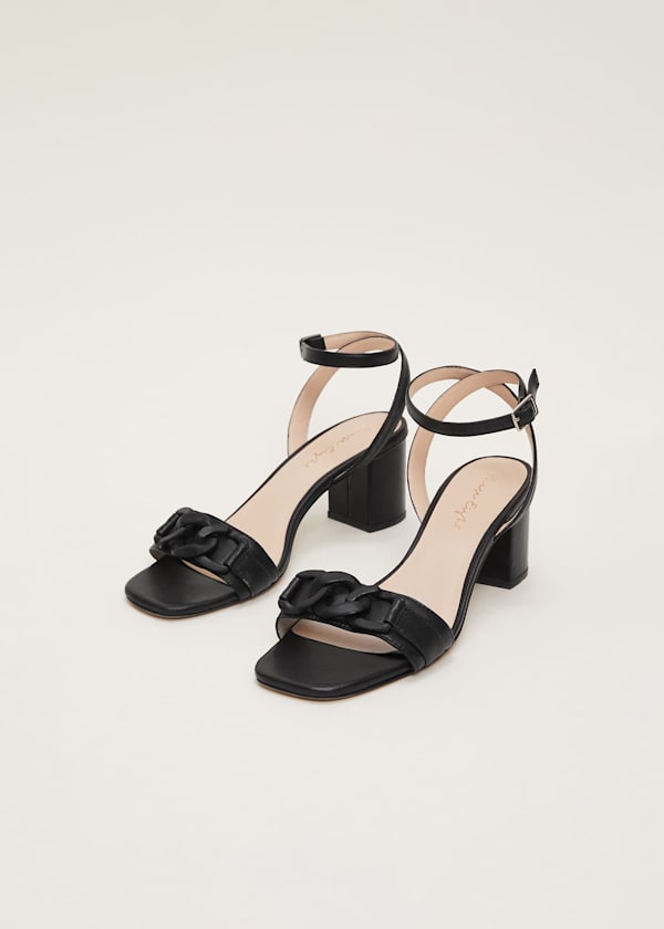 Black Leather Open Toe Block Heels