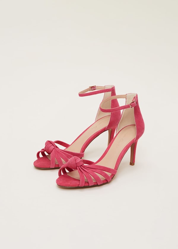 Pink suede open toe heels