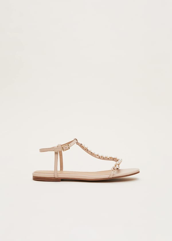 Leather Jewel Trim Flat Sandal