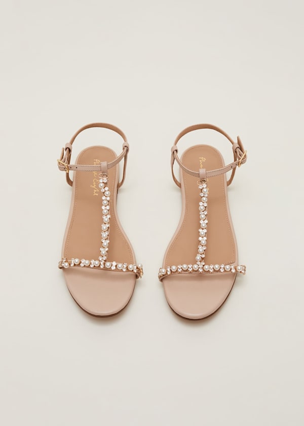 Leather Jewel Trim Flat Sandal