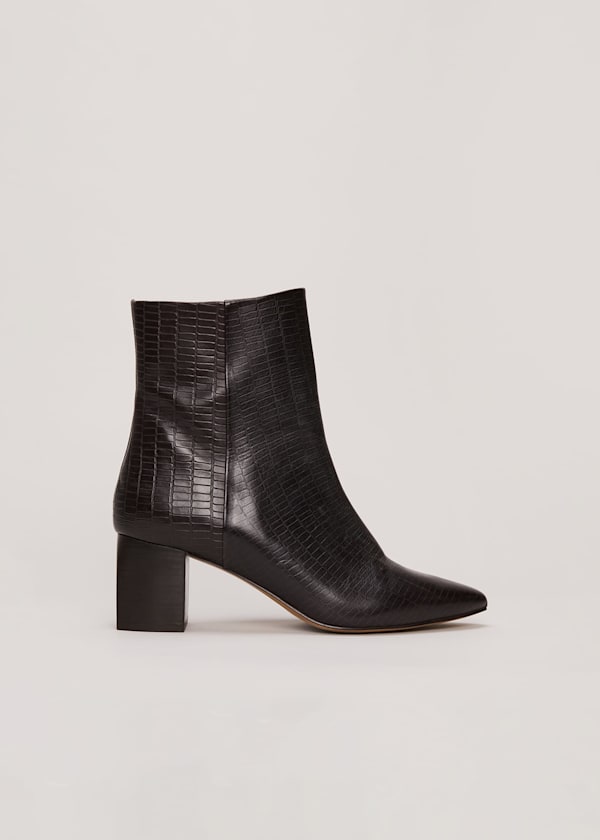 Black Leather Croc Print Ankle Boots