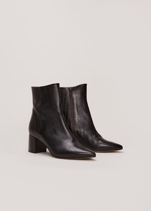 Black Leather Croc Print Ankle Boots