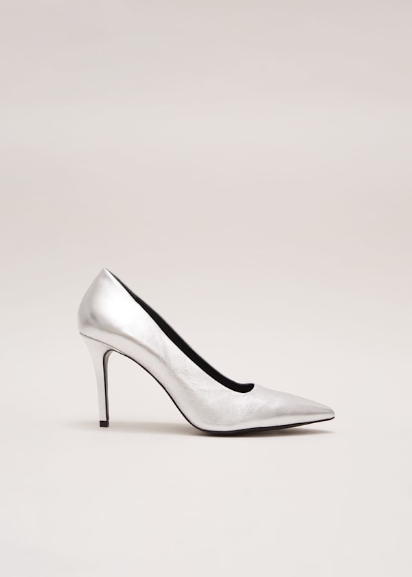 Silver Leather Pointed Court Shoes