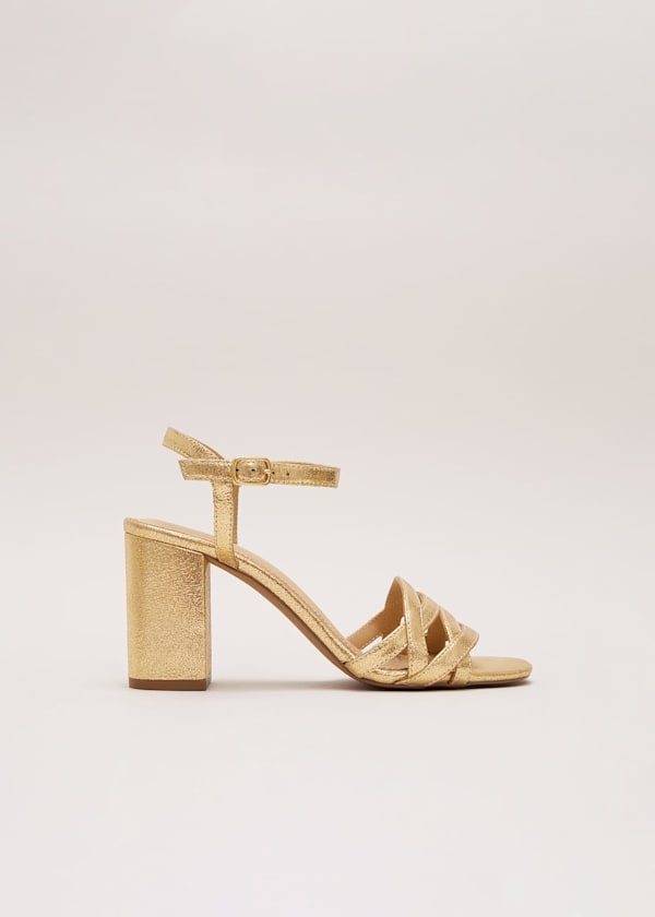 Gold Leather Crossover Block Heels