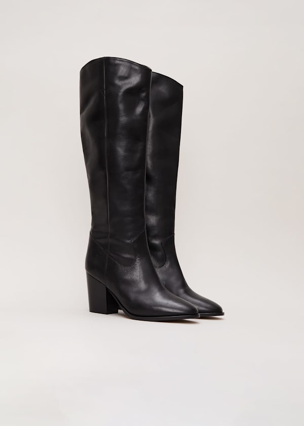 Black Leather Western Knee Boot