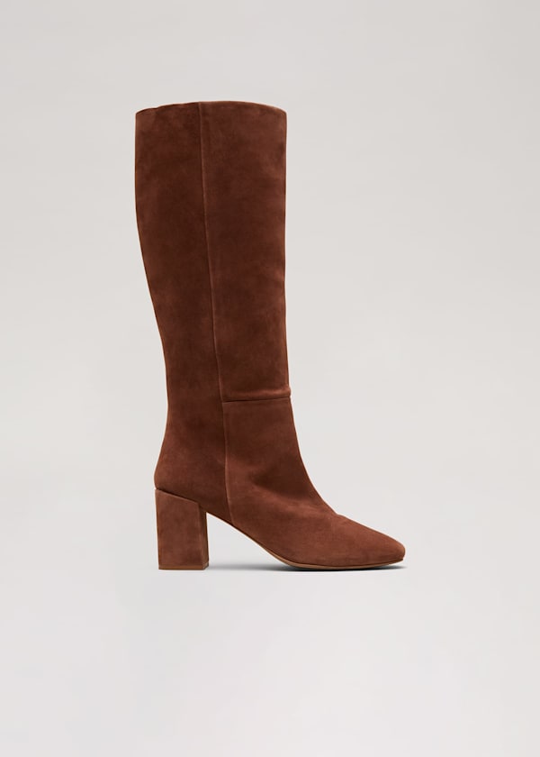 Tan Suede Block Heel Knee Boot