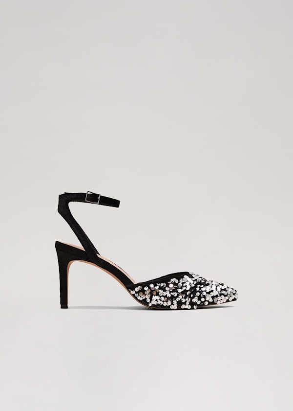 Velvet & Sequin Pointed Ankle Strap Shoe