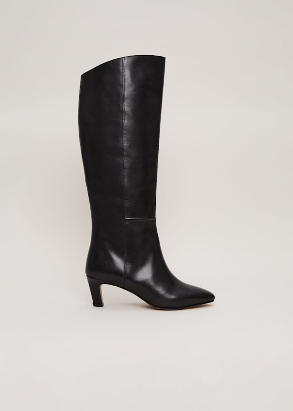 Black Leather Kitten Heel Knee Boot