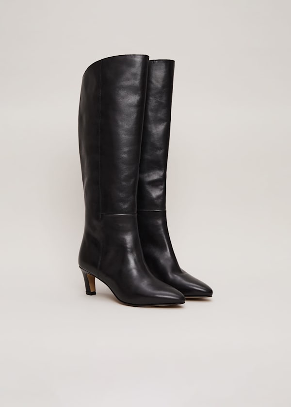 Black Leather Kitten Heel Knee Boot