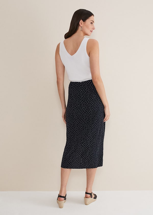 Spot Print Midi Ruched Skirt