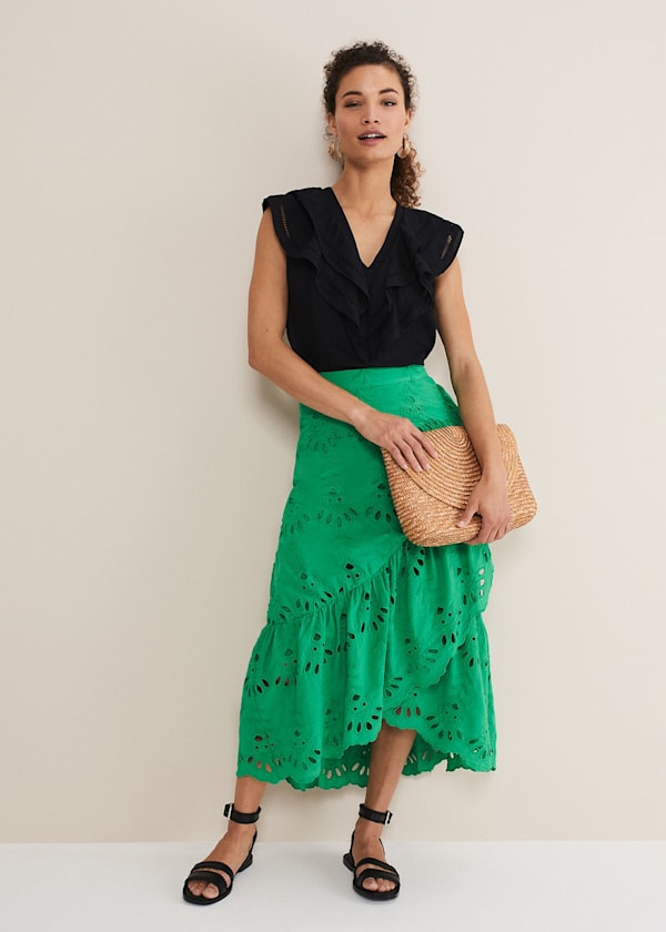 Green Broderie Wrap Maxi Skirt
