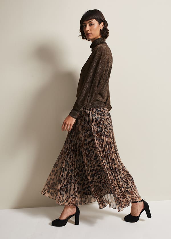 Animal print faux deals suede pleated midi skirt