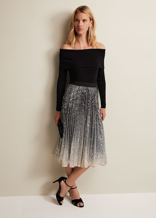 Celeste Sequin Ombre Pleated Midi Skirt