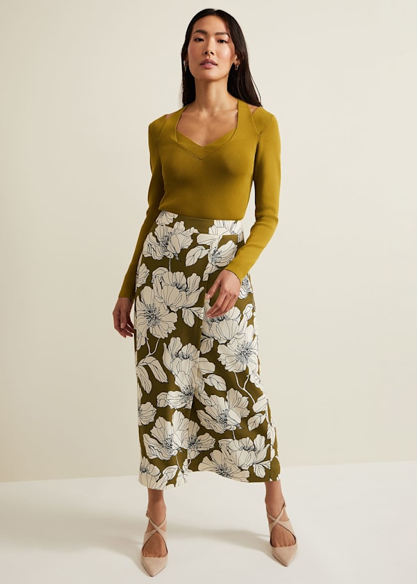 Brynn Satin Wrap Midi Skirt in Green