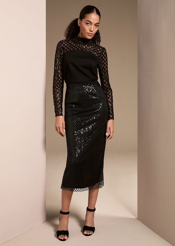Mauve Black Mesh Sequin Midi Skirt