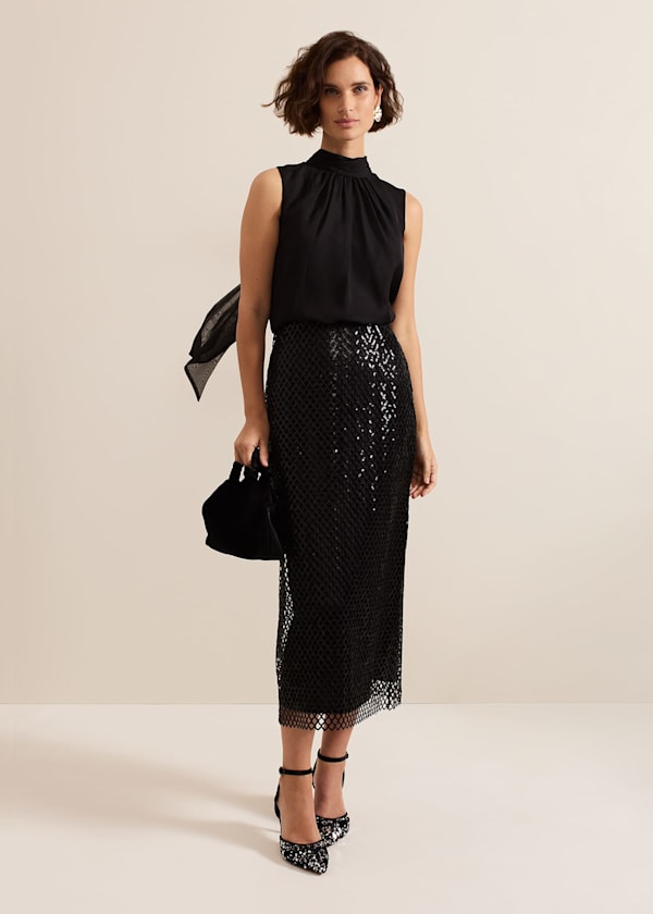 Mauve Black Mesh Sequin Midi Skirt