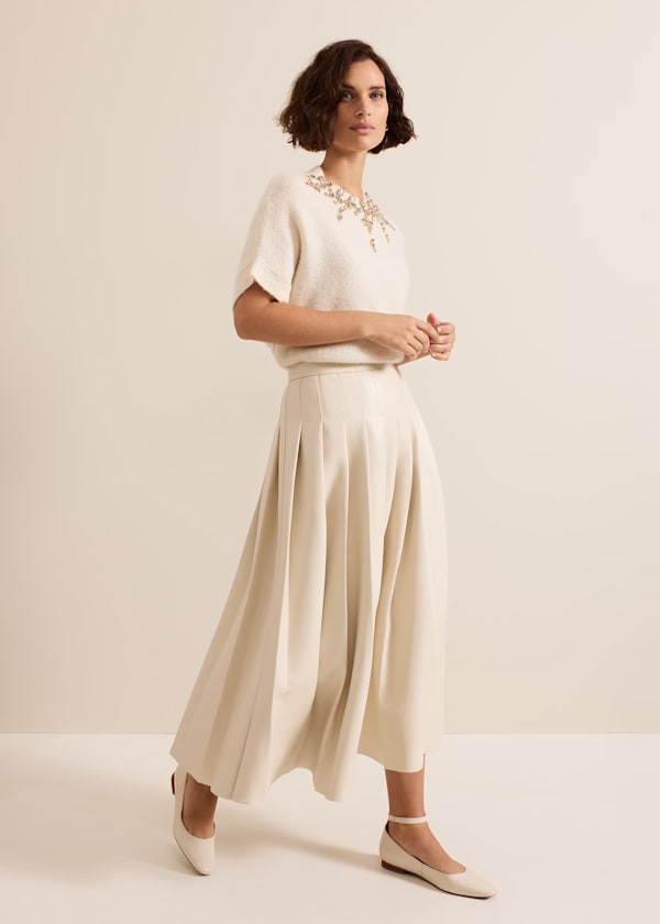 Susie Cream Pu Pleated Midi Skirt