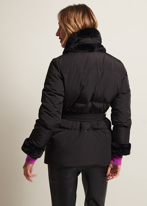 Nelle Black Faux Fur Short Puffer Coat