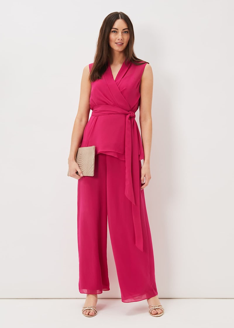 Bright Summer Pink High Waist Slit Wide Leg Pants