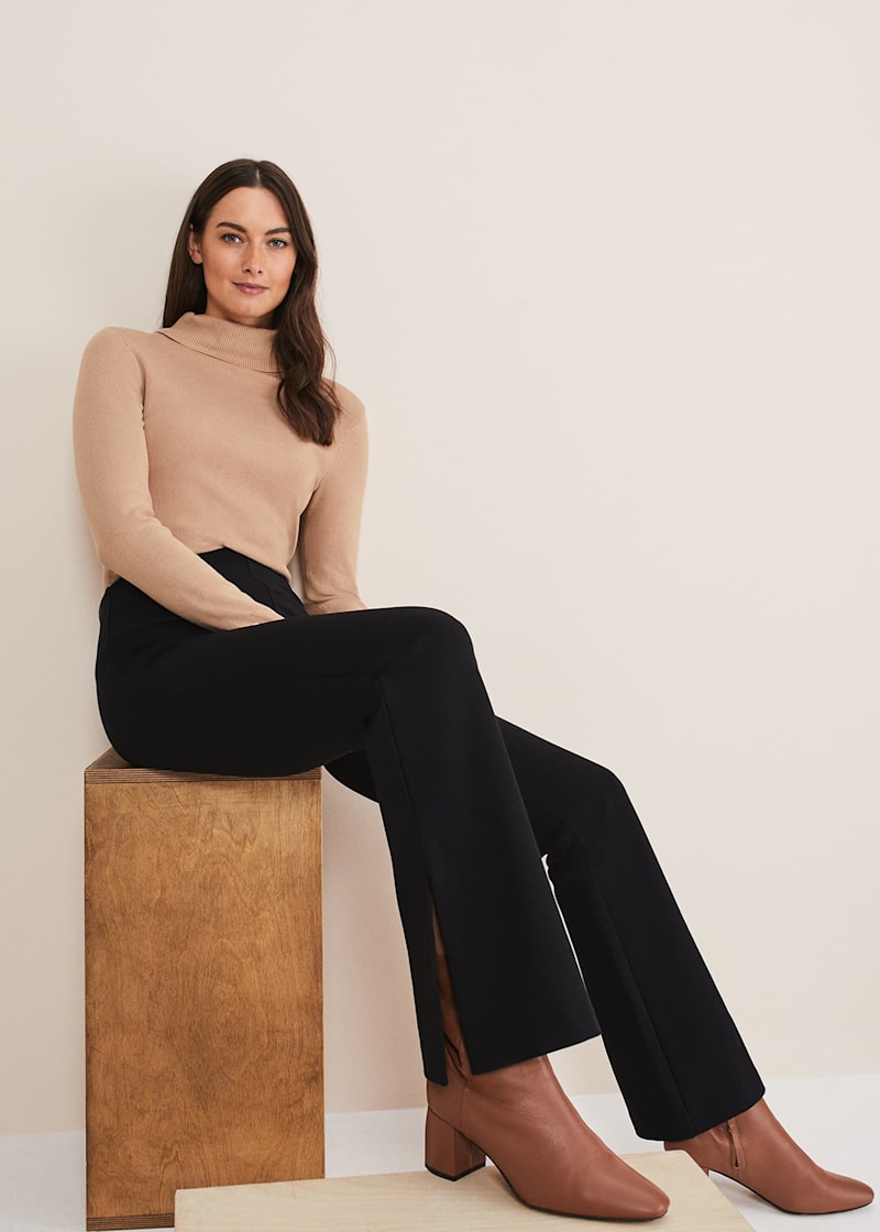 HIGH WAISTED BOOT-CUT TROUSERS, Black