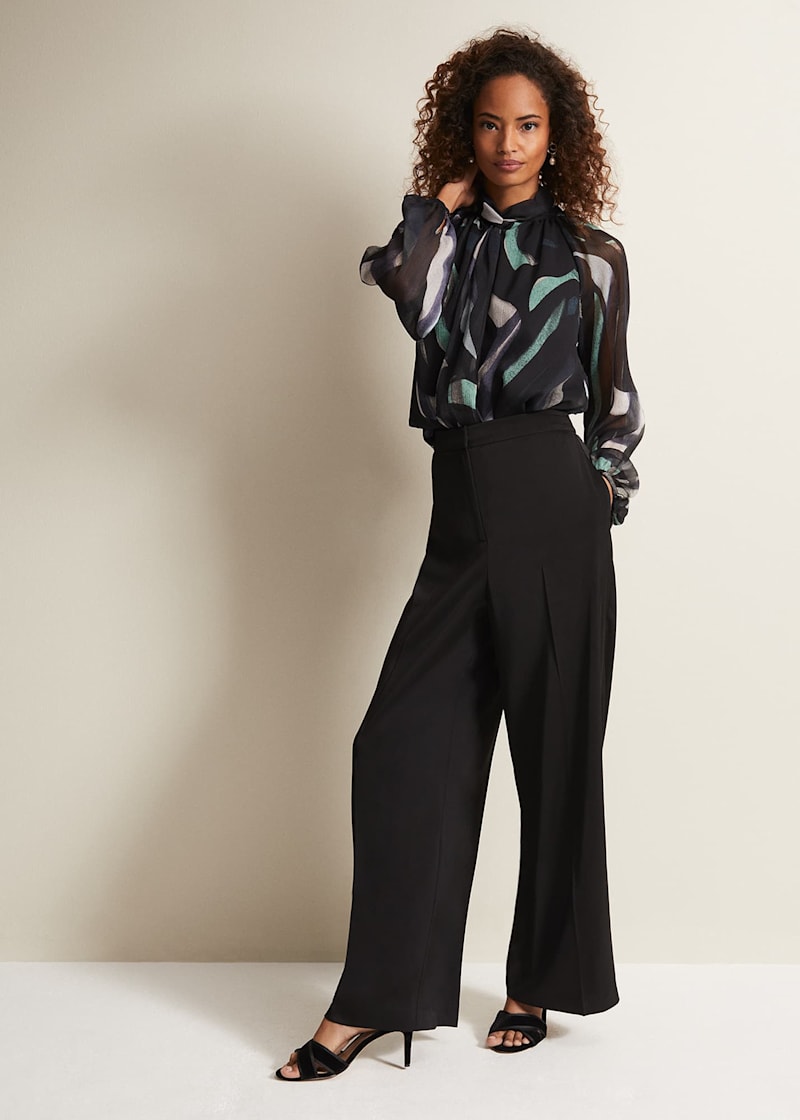 Wide Leg Satin Trousers Black