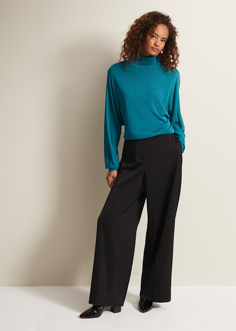 Shellina Black Satin Wide Leg Trousers |