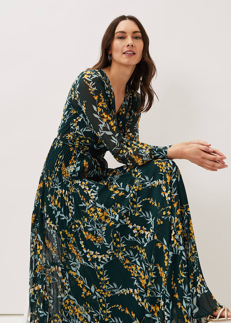 Elegant Dark Green Floral Maxi Dress with Yellow Accents | Phase Eight ...