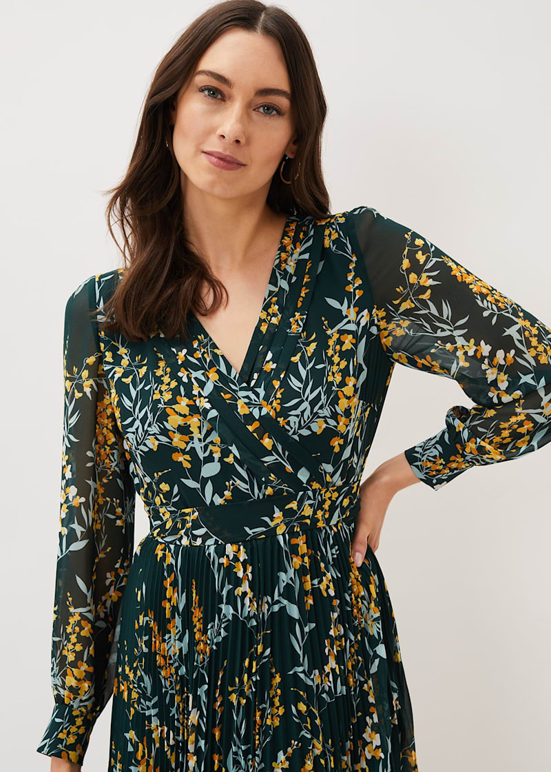 Elegant Dark Green Floral Maxi Dress with Yellow Accents Phase
