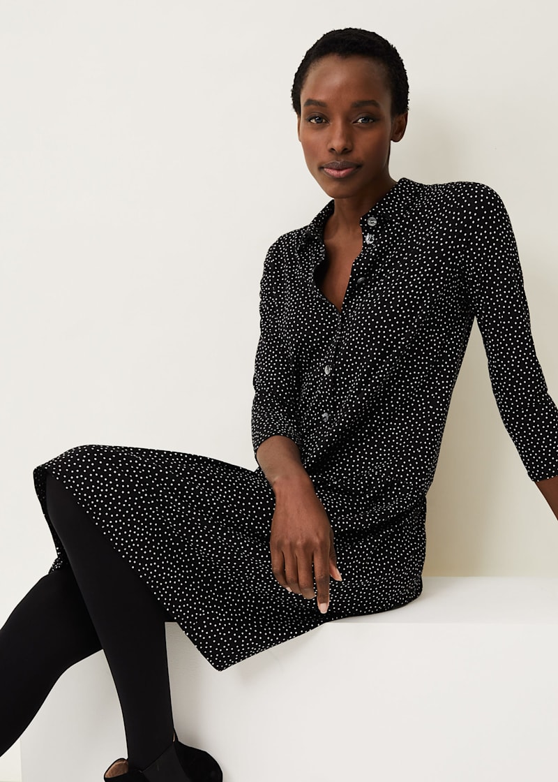 Black Polka Dot Tights with Clear Button Down Blouse Outfits (2