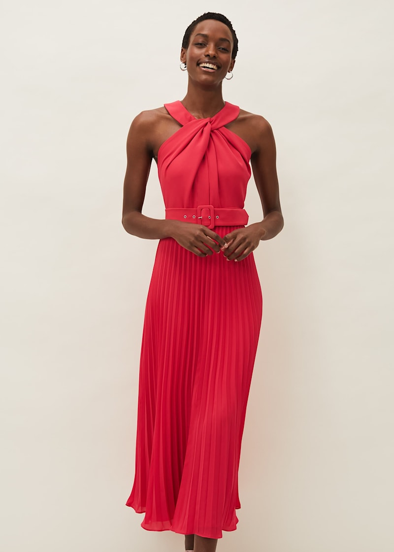 Red halter midi dress online