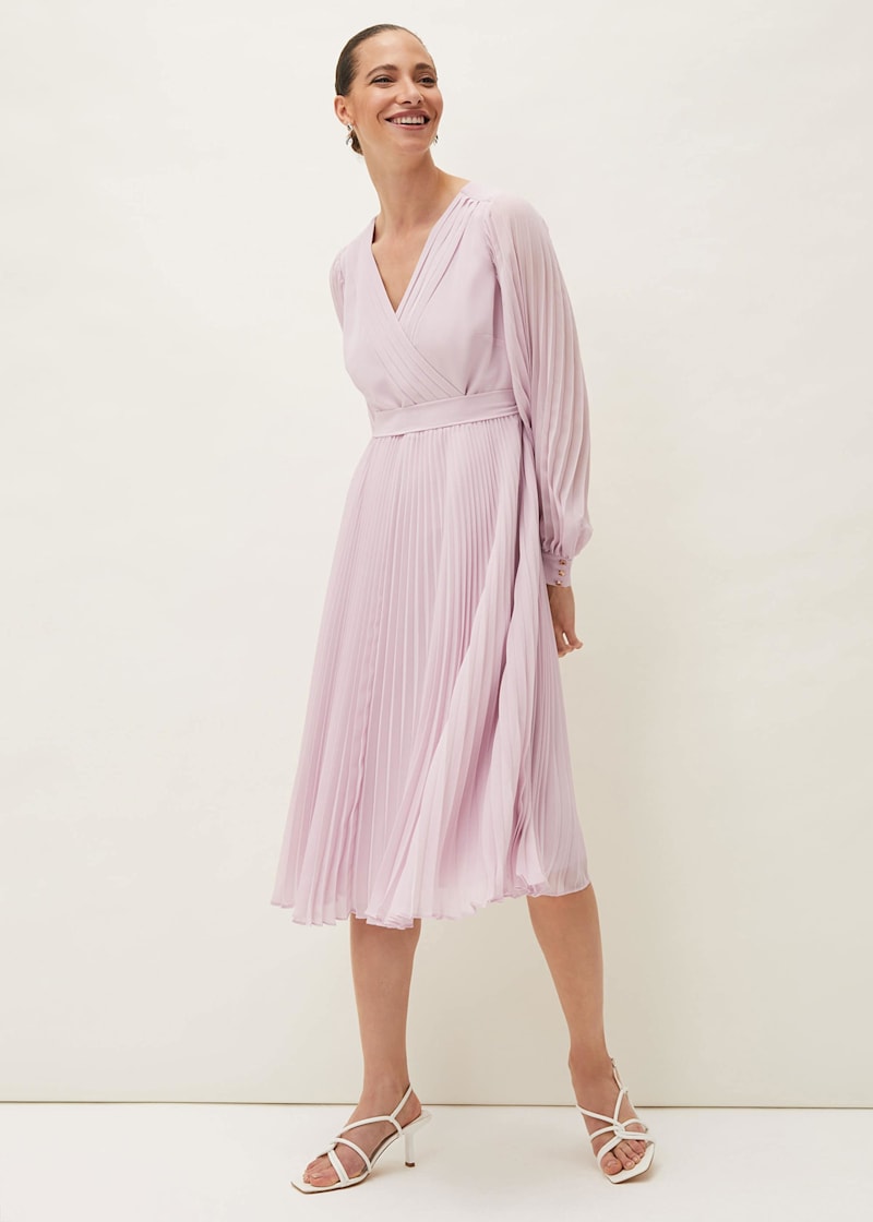 Elsa Pleated Long Sleeved V Neck Midi Dress