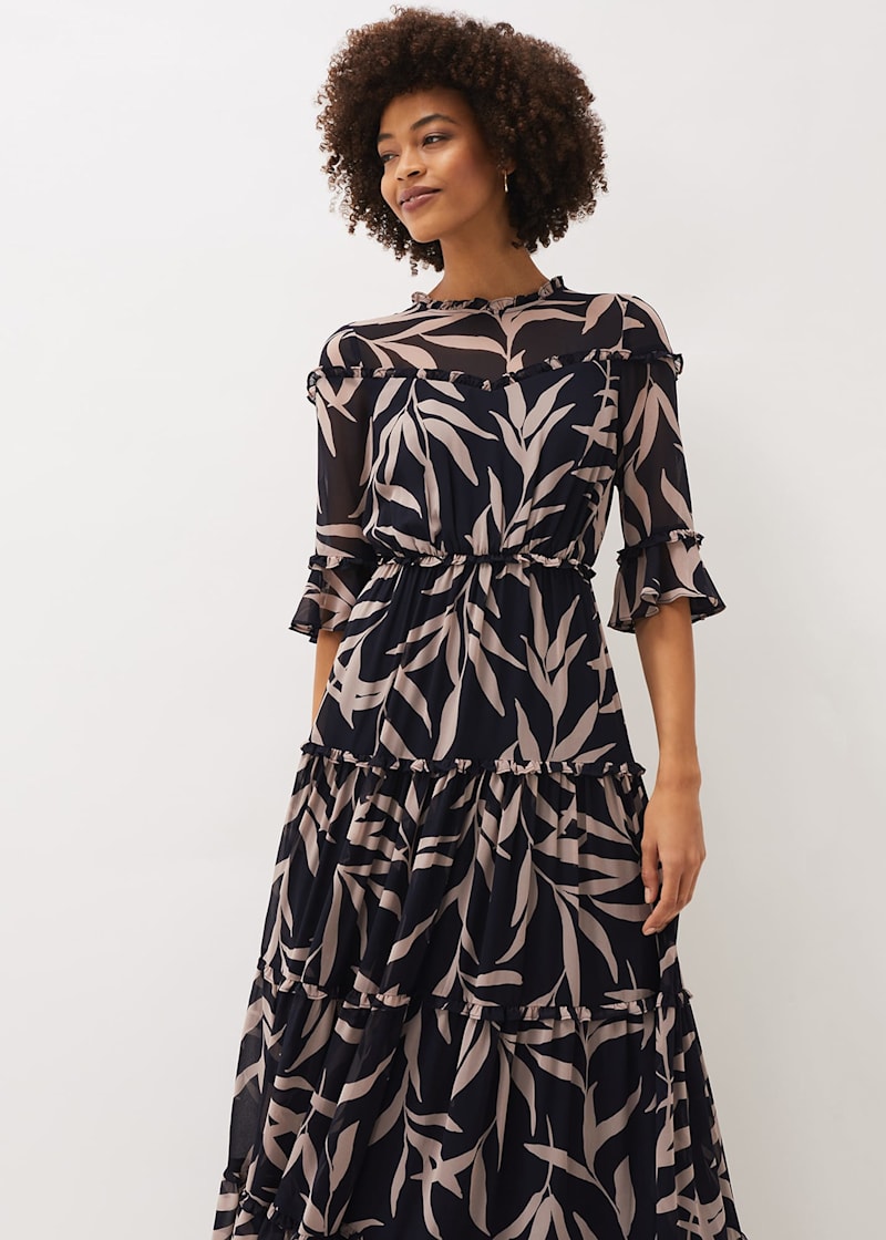 Amber Leaf Print Tiered Maxi Dress